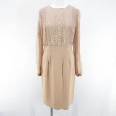 エポカ EPOCA 長袖 膝丈 タイトワンピース ワンピース 40 ペールオレンジ レース 刺繍 シースルー 透け感 スリット 裏地