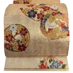 袋帯 秀品 花丸紋 梅 唐織 箔 金色 六通 正絹 【中古】