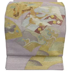 【美品】 袋帯 秀品 関西仕立て 鶴 扇面 綴れ織 金銀糸 灰紫 お太鼓柄 正絹 【中古】