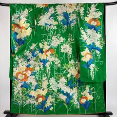 振袖 身丈161cm 裄丈67cm M 袷 草花 金通し 金彩 緑 正絹 秀品 【中古】