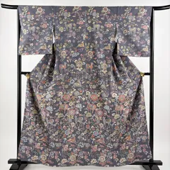【美品】 付下げ 身丈162cm 裄丈65cm M 袷 紬地 動物 花鳥 灰紫 正絹 秀品 【中古】