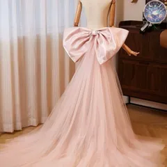 新品 未使用 レディース ウェディングドレス フォーマルドレス パーティードレス ソフトチュールのトレーン付きの大き目リボン ピンク