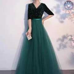 新品 未使用 レディース ウェディングドレス フォーマルドレス パーティードレス スパンコールが美しい Vネックの六分袖 チュールロングドレス