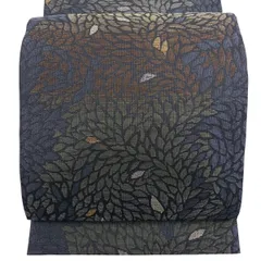 【美品】 袋帯 秀品 花 銀糸 箔 青黒 六通 正絹 【中古】