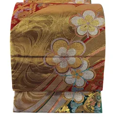 袋帯 秀品 振袖向き 梅 流水 箔 金糸 金色 六通 正絹 【中古】