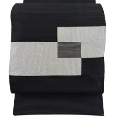 【美品】 名古屋帯 秀品 夏帯 絽 八寸名古屋帯 トンネル仕立て 幾何学模様 縞 銀糸 黒 正絹 【中古】