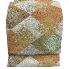 【美品】 袋帯 秀品 菱 華文 金銀糸 唐織 クリーム 六通 正絹 【中古】