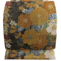 【美品】 袋帯 秀品 草花 波 金糸 金彩 金色 六通 正絹 【中古】