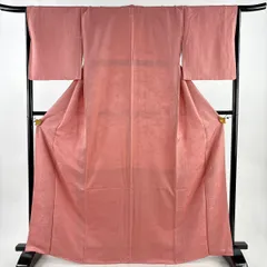 色無地 身丈166.5cm 裄丈66cm M 袷 落款 地紋 ピンク 正絹 優品 一つ紋 【中古】