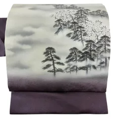 【美品】 名古屋帯 逸品 樹木 枝花 銀通し ラメ彩 灰紫 正絹 【中古】