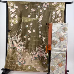 振袖 身丈160.5cm 裄丈63.5cm S 袷 袋帯フルセット 花車 枝花 金糸 金彩 茶色 正絹 秀品 【中古】