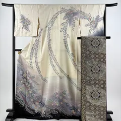 訪問着 身丈170.5cm 裄丈65.5cm M 袷 袋帯セット 辻が花柄 金彩 ぼかし クリーム 正絹 秀品 【中古】