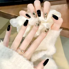 [NEURAD]ネイルチップ 黒24枚入付け爪 ミディアム 3D ダイヤ人気 和風 かわいい シンプル おしゃれ 成人式 入学式 卒業式 結婚式