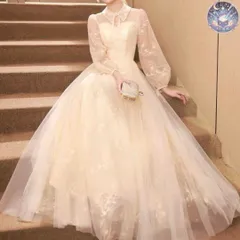 新品 未使用 レディース ウェディングドレス フォーマルドレス パーティードレス お花のデザインにパールが可愛い 長袖の襟付きイブニングドレス