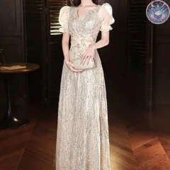 新品 未使用 レディース ウェディングドレス フォーマルドレス パーティードレス お花のデザインが美しい パフスリーブのスパンコールドレス