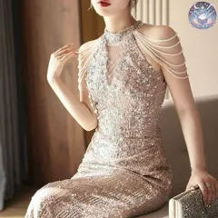 新品 未使用 レディース ウェディングドレス フォーマルドレス パーティードレス スパンコールにパールがゴージャスなホルターネックロングドレス