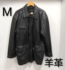 ks61◆カーコート vintage  (M) レザージャケット 羊革 ロング  メンズ  ブラック 胸ポケット2ヵ所 腰ひも有り