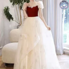 新品 未使用 レディース ウェディングドレス フォーマルドレス パーティードレス 花柄にフリルのスカートのパフスリーブ イブニングドレス