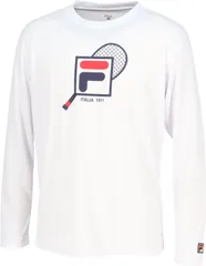 フィラ FILA テニス ロングスリーブシャツ メンズ 男性 大人 長袖 ロンT トップス ウェア ロゴ ラケット柄 グラフィック 吸水 速乾 UVカット 部活動 クラブ スクール 練習  EM0078 01Z ホワイト