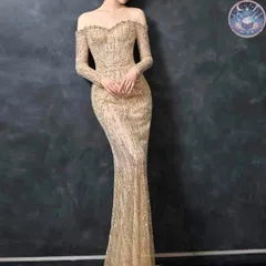 新品 未使用 レディース ウェディングドレス フォーマルドレス パーティードレス スパンコールにビジューがゴージャスな長袖のオフショル ドレス