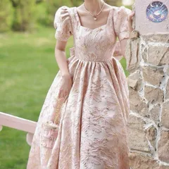 新品 未使用 レディース ウェディングドレス フォーマルドレス パーティードレス 美しい花柄生地のリボン付き パフスリーブ イブニングドレス