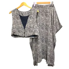 ノーブランド セットアップ シフォン ベスト スカート フレア ロング丈 総柄 紺 ネイビー