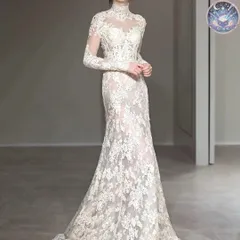 新品 未使用 レディース ウェディングドレス フォーマルドレス パーティードレス 花柄レースが美しい 長袖にハイネックのウェディングドレス