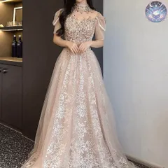 新品 未使用 レディース ウェディングドレス フォーマルドレス パーティードレス 花柄生地にスパンコールとビジューが美しい 半袖 ロングドレス