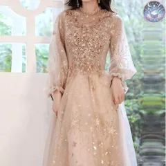 新品 未使用 レディース ウェディングドレス フォーマルドレス パーティードレス 小花柄の様なデザインに星柄生地の長袖 イブニングドレス