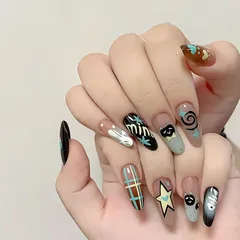 [NEURAD]ネイルチップ 黒30枚入付け爪 ロング ミントカラー 子猫シルエット スクリブルアート インスタ映え 人気 和風 かわいい シンプル おしゃれ 成人式 入学式 卒業式 結婚式