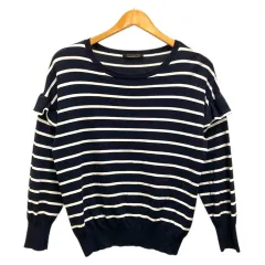 バンヤードストーム BARNYARDSTORM ニット セーター クルーネック ボーダー フリル 長袖 F 紺 ネイビー 白 ホワイト