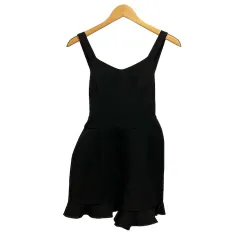 エブリン evelyn サロペット ショートパンツ フリル リボン 無地 黒 ブラック