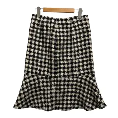 ノーウェアー NOWHERE スカート 310H7237 フレア ウール混 ギンガムチェック 膝丈 64 黒 ブラック 白 ホワイト レディース