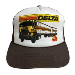 【キャップ/帽子】90s DELTA (デルタ) ビンテージ メッシュキャップ　デカプリント トラック ブラウン 茶 ホワイト 白