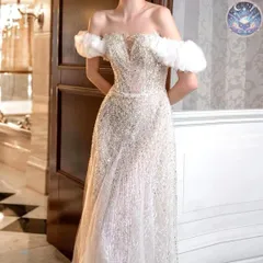 新品 未使用 レディース ウェディングドレス フォーマルドレス パーティードレス パールにビジューが美しい フリルのオフショル ロングドレス