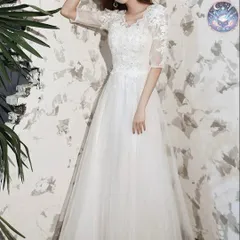 新品 未使用 レディース ウェディングドレス フォーマルドレス パーティードレス お花のデザインが美しい Vネックの5分袖 イブニングドレス