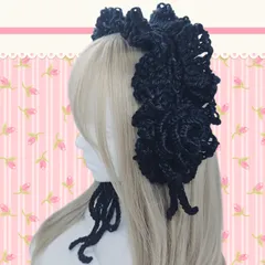 ハンドメイド　ヘッドドレス　細め　ブラック　リボン　バラ　黒　フリル　編み物