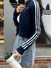 超希少⚡極美品adidasフラッフィーニットカーディガン 紺白XL 重盛