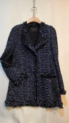 新品同様 CHATELAINE (シャトレン) ツイード ロングジャケット 55サイズ ダークブルー