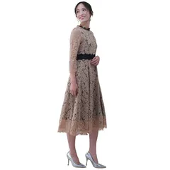 [EightSTAR Dress] パーティードレス 結婚式ドレス レディース 二次会 総レース お呼ばれ Aライン シースルー ロング丈 袖あり 七分袖 20代 30代 40代 ゲスト 服 (S, ベージュ)