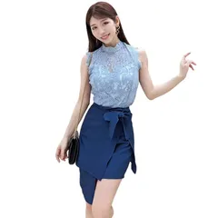 [GRAXIA] 【グラシア】キャバドレス ミニドレス セットアップ ツーピース ハイウエスト ノースリーブ タイト キャバ嬢 キャバクラ ラウンジ リボン レース レディース ブルー Sサイズ 0