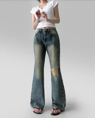 フィットシ サバンナ セミ ブーツカット ヴィンテージ ウォッシュ デニム ダメージデニム ジーンズ パンツ