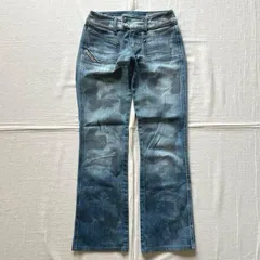 希少　00s　archive　アーカイブ　OLD DIESEL　ディーゼル　ロゴ刺繍タグ　本革パッチ　ライオンボタン　ムラ加工　フレアデニム　ブーツカット　ジーンズ　25　S相当　Y2K　平成ギャル　グランジ　lion button flare denim