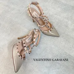 美品 VALENTINO GARAVANI ヴァレンティノガラヴァーニ ロックスタッズ パンプス グレー ピンクベージュ パテントレザー レディースシューズ 34 21cm