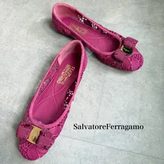 SalvatoreFerragamo サルヴァトーレフェラガモ ヴァラリボン フラットシューズパンプス レースデザイン バレエシューズ ピンク ゴールド金具 8D 大きいサイズ 25cm