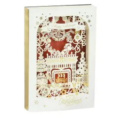 ゴールド 繊細 白 切り絵 ホワイト 3D 美麗 きらきら 幻想的 / 19×13×3cm 暖炉 封筒セット 赤 + ツリー + メッセージカード ベル ポップアップ 大きめ カード クリスマス (レッド) moin 2212xme265 moin