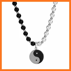 【新品】 [Rockyu] ネックレス メンズ ボールチェーン 白黒 真珠 パールネックレス ヒップホップチ 太極図ペンダント 中華風 幸運祈り ラッキー オールシーズン チタン 金属アレルギー対応 アクセサリー 0