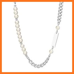 【新品】 [Rockyu] メンズ ネックレス ステンレス キューバチェーン パール ビーズ ロングプレート ユニセックス パールネックレス カジュアル ジュエリー 誕生日 プレゼント 1