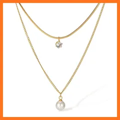 【新品】 [Galant] サージカルステンレス ネックレス 2連 レディース 大人 金属アレルギー 1粒CZダイヤ 六爪 (ジルコニア) パール k18 ゴールド 二連 シンプル 6爪 華奢 おしゃれ 1