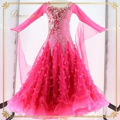 社交ダンス 衣装 スタンダードドレス ワンピース ドレス フロート レース デモ 競技 ダンス パーティ 発表会 ピンク 豪華 ゴージャス 華やか フリル 花 ピンク系 鮮やか 色味 ふんわり デザイン 競技用 ダンス衣装